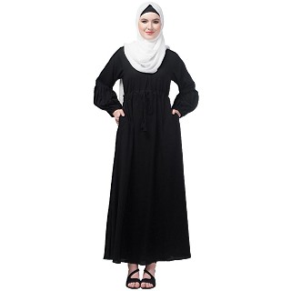 Adjustable waist Pleated Sleeves Abaya- Black